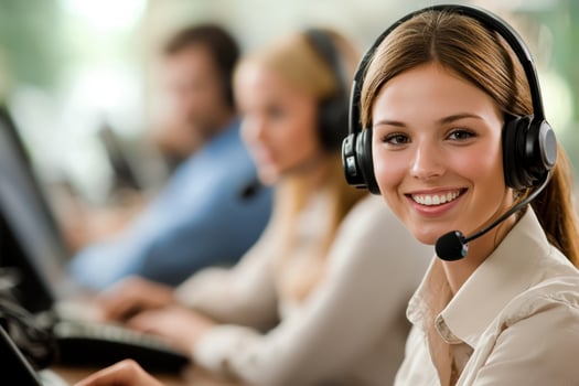 smiling woman in headset works in busy call center environment, showcasing teamwork and communication skills photo