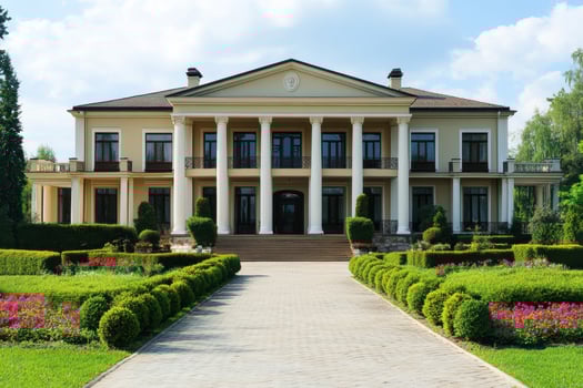 A grand mansion with columns, surrounded by manicured gardens and vibrant flowers photo