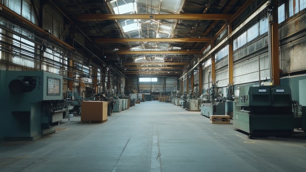A spacious industrial workshop filled with machinery and equipment for manufacturing. photo