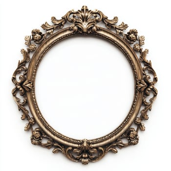 An ornate, vintage-style picture frame with intricate floral designs and an empty center photo