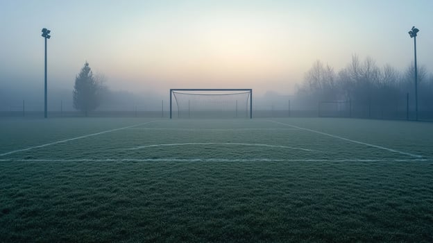 A foggy soccer field at dawn with a goalpost and frost-covered grass photo