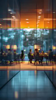 Modern cafe with warm lighting and cozy atmosphere in a busy urban setting during early evening hours photo