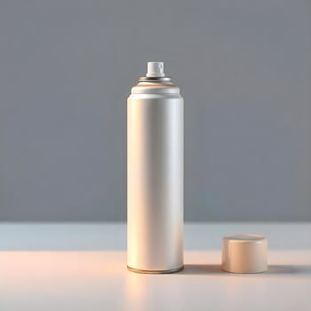 A white spray can on a table with a white lid photo