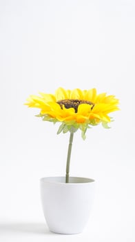 Beautiful fake sunflower in pot isolated on white background photo