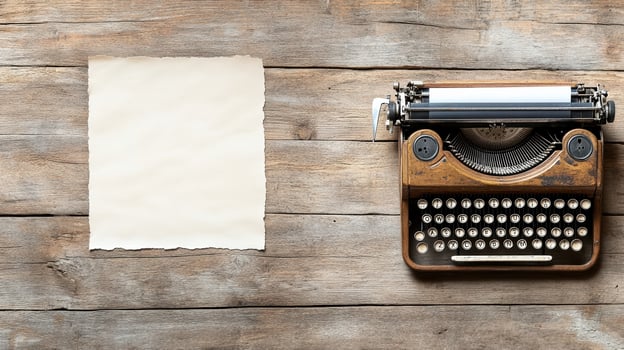 An old typewriter and a blank paper on a wooden table photo