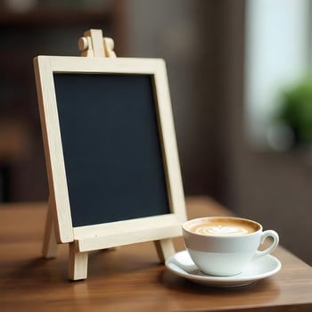 A coffee cup and easel with chalkboard on a wooden table photo