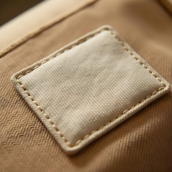 Detailed view of a small leather patch on the back of a beige fabric for mockup 1 photo