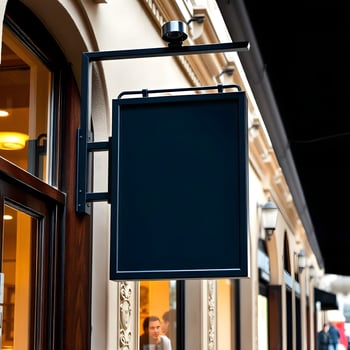A black sign is hanging on a building photo