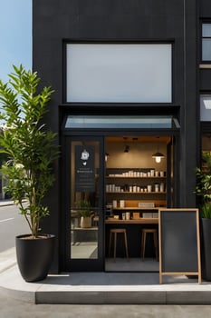 A coffee shop with black walls and a sign photo