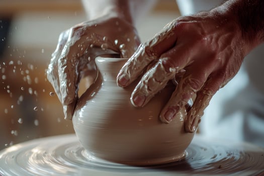 the artisan's skilled hands carefully craft a vase on a pottery wheel in a workshop, highlighting the intricate process and attention to detail in ceramic creation. photo