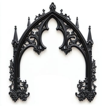 Ornate black gothic arch frame with intricate designs and pointed spires photo