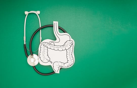 Top view of a stethoscope and large intestine symbol made on a green background. Space for text. photo