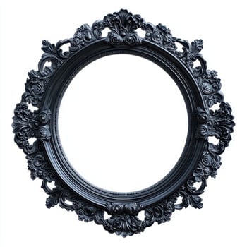 Ornate black circular frame with intricate floral designs, empty center for displaying art photo