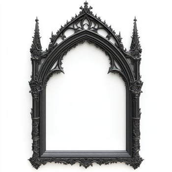 A gothic-style picture frame with intricate detailing and pointed arches, empty for artwork photo
