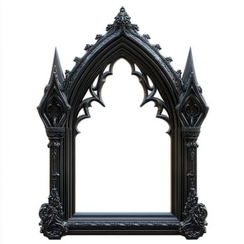 A gothic-style black picture frame with ornate details and pointed arches photo