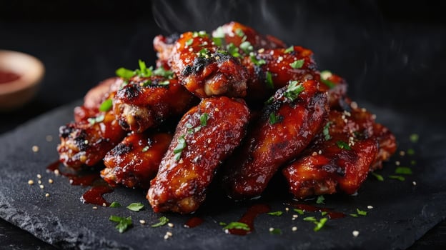 A plate of chicken wings with sauce and herbs photo