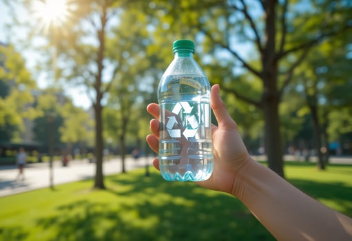 A hand holding a recycle plastic bottle, Green public park background, Recycling concept photo