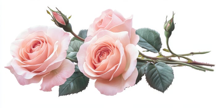 Beautiful pink roses with delicate petals and green leaves arranged artfully on a white background photo
