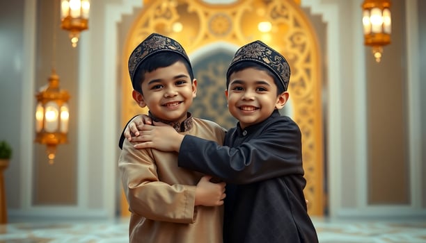 two boys in traditional muslim clothing hugging photo