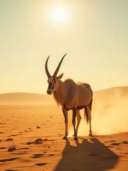 A lone addax standing on a vast, flat, sandy desert plain at midday, under a scorching sun photo