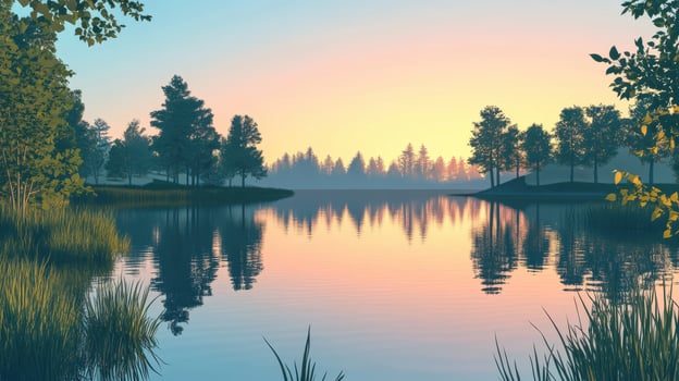 A serene lake at sunrise, reflecting trees and soft colors in a tranquil landscape photo