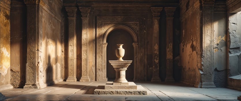 An empty room with a vase on a pedestal photo