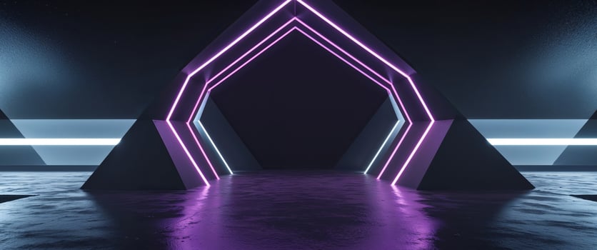 Abstract Geometric Archway with Neon Lights and Dark Background. photo