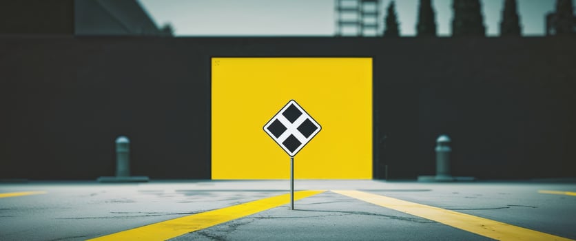 A yellow sign with a black and white diamond on it photo