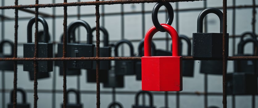 A red padlock is attached to a metal fence photo