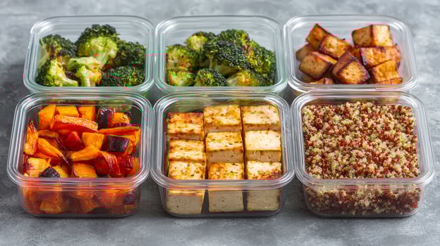 Healthy meal prep inspiration concept. Healthy meal prep in clear containers featuring vegetables, tofu, and grains. photo