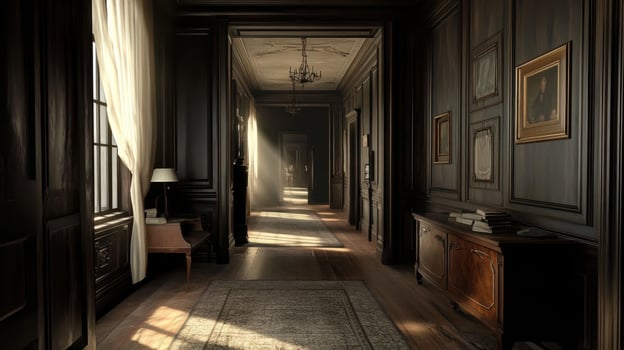 A dimly lit hallway in an elegant interior, showcasing classic decor and soft sunlight photo