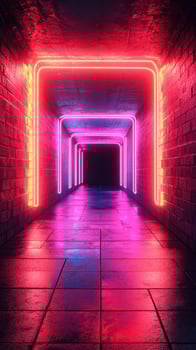 Futuristic corridor illuminated by vibrant neon lights with reflections on glossy floor surface photo