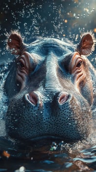 Hippo swimming in water with sparkling droplets and dramatic lighting at sunset photo