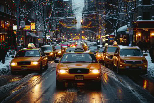 Yellow Taxi Cab Driving Through Snow-Covered City Streets at Night photo