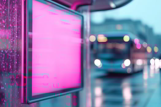 A blank advertisement board stands at a contemporary bus stop, while pedestrians pass by and a city bus approaches. The scene captures urban life in motion and public transit functionality photo