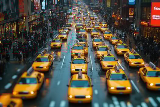 A Dense Line of Yellow Taxis in the City During a Rain Shower photo