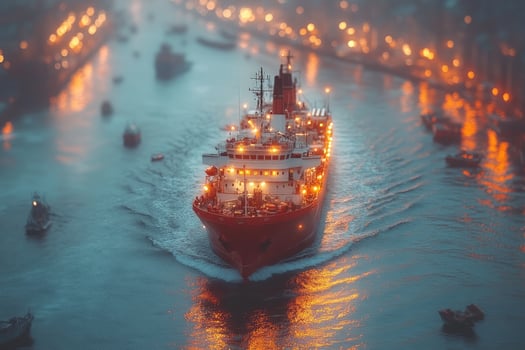 A Large Cargo Ship Navigates a Channel at Dusk photo