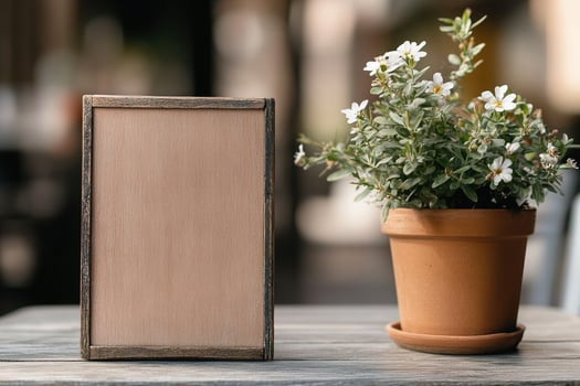 A rustic wooden signboard rests against a flower pot on a cafe terrace table, surrounded by soft golden light, enhancing the inviting atmosphere perfect for patrons photo