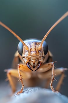 This macro perspective captures the intricate details of a cockroach's face, revealing its compound eyes, mouthparts, and long antennae against a softly blurred background photo