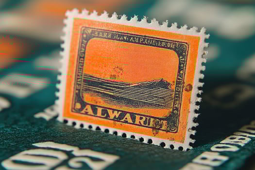 Close-up of an Orange and Black Postage Stamp with a Mountain Scene photo