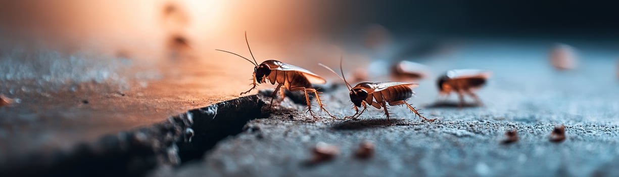 A cluster of cockroaches crawls out of a narrow crack in a dark floor. Their shiny bodies catch faint light, enhancing the eerie ambiance of the dimly lit space photo