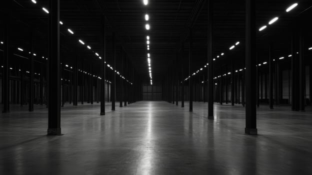 A spacious, dimly lit industrial warehouse with rows of pillars and a polished floor photo