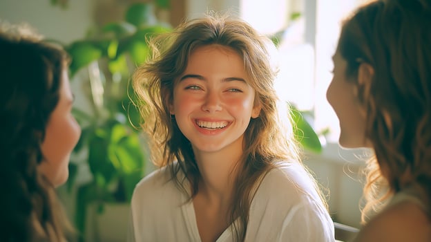 A joyful young woman smiling warmly in natural sunlight, engaging in conversation with friends in a cozy, green space. photo