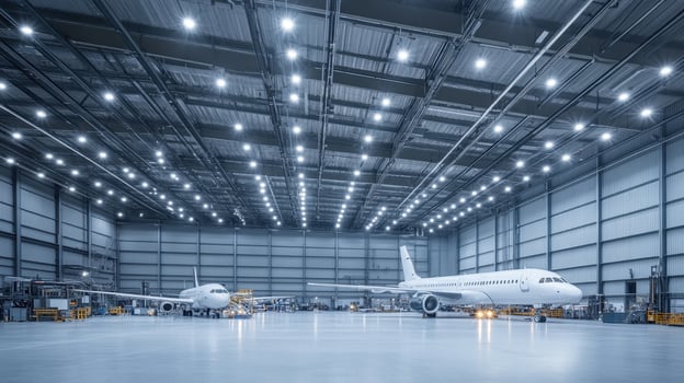 A spacious aircraft hangar with two airplanes parked inside photo