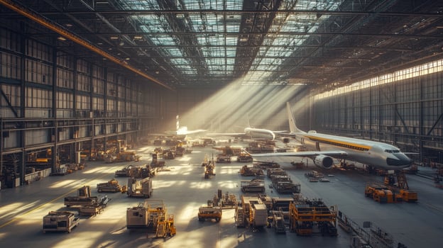 A spacious aircraft hangar with airplanes and service vehicles illuminated by sunlight photo