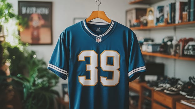 Blue and Gold NFL Jersey Hanging on a Wooden Hanger photo