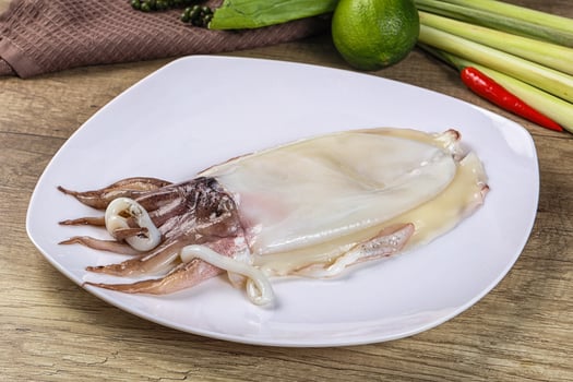 A plate with a squid on it and some vegetables photo