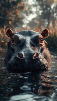 Majestic hippo floats calmly in murky waters surrounded by lush greenery during a serene sunset photo