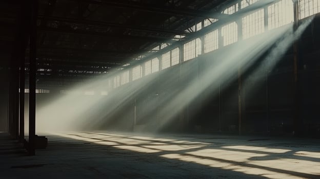A sunlit industrial space with beams of light filtering through dusty air photo