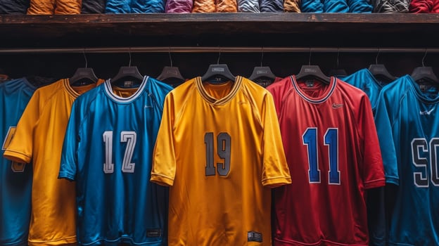 Collection of Colorful Sports Jerseys Hanged on Racks in a Store photo